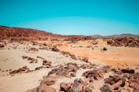 在广阔的干旱岩石沙漠之上，一片充满活力的蓝天，捕捉了自然严酷而美丽的本质