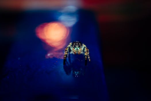 一张迷人的图像：一只蜘蛛在黑暗模糊的背景上跳跃，灯光明亮