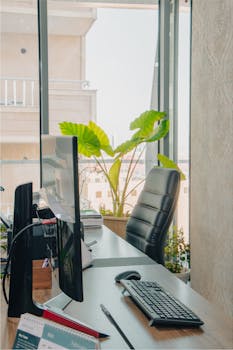 Bright office space with desk, computer, and plant by a large window. Perfect blend of work and nature.