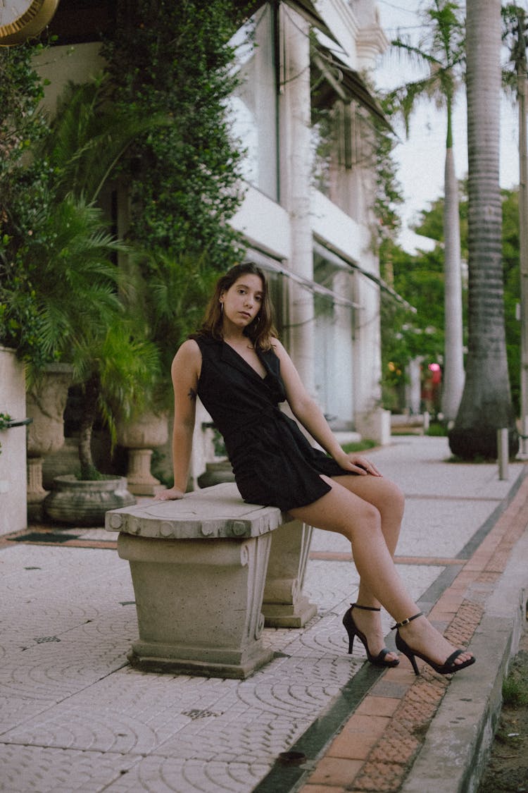 Woman In Dress Posing On Bench