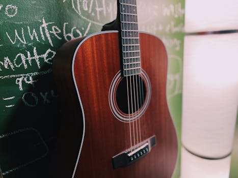 Acoustic guitar leaning against a chalkboard with musical notes written in chalk.