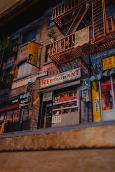 Low angle view of an urban restaurant facade at night, showcasing vibrant signage and atmospheric lighting.