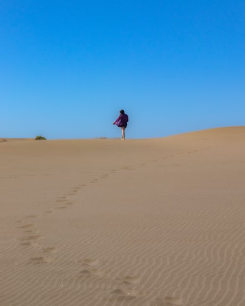 Free Person walking alone through a vast desert under a clear blue sky, symbolizing solitude and adventure. Stock Photo