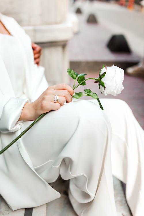 Woman Holding White Rose