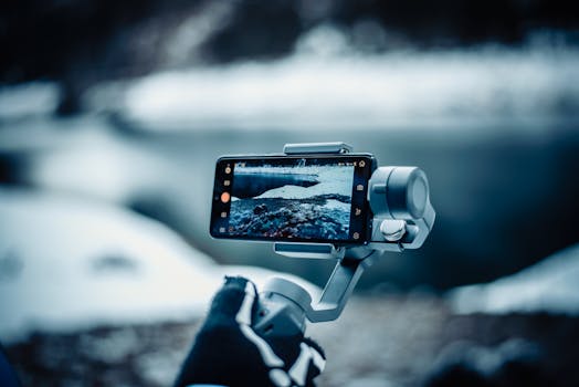 A smartphone mounted on a stabilizer capturing a snowy winter scene outdoors.