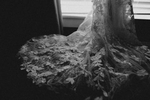 Black and White Photo of Embroidered Train of Wedding Dress