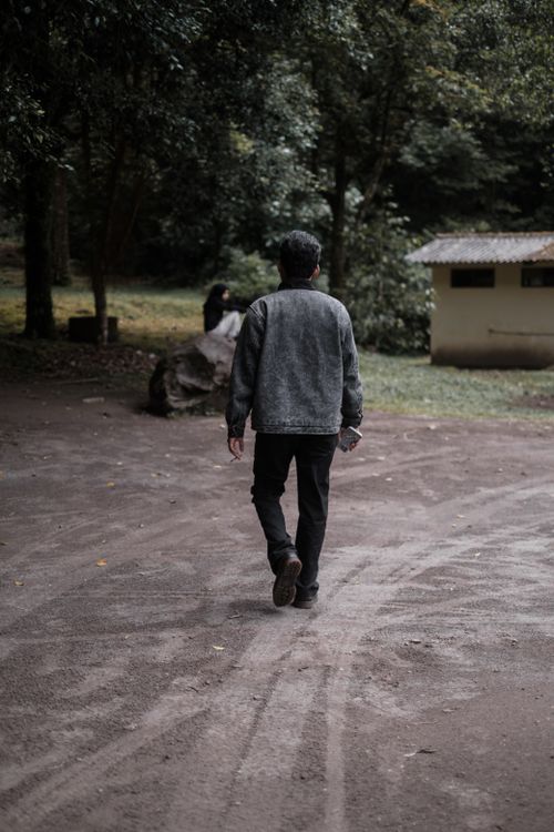 Free A man with black hair walks alone down a rural path surrounded by trees in a peaceful park setting. Stock Photo