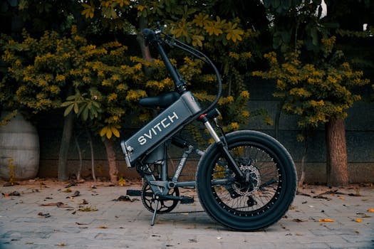 Stylish folding bicycle parked on an urban sidewalk amidst fallen leaves in Ahmedabad, India.