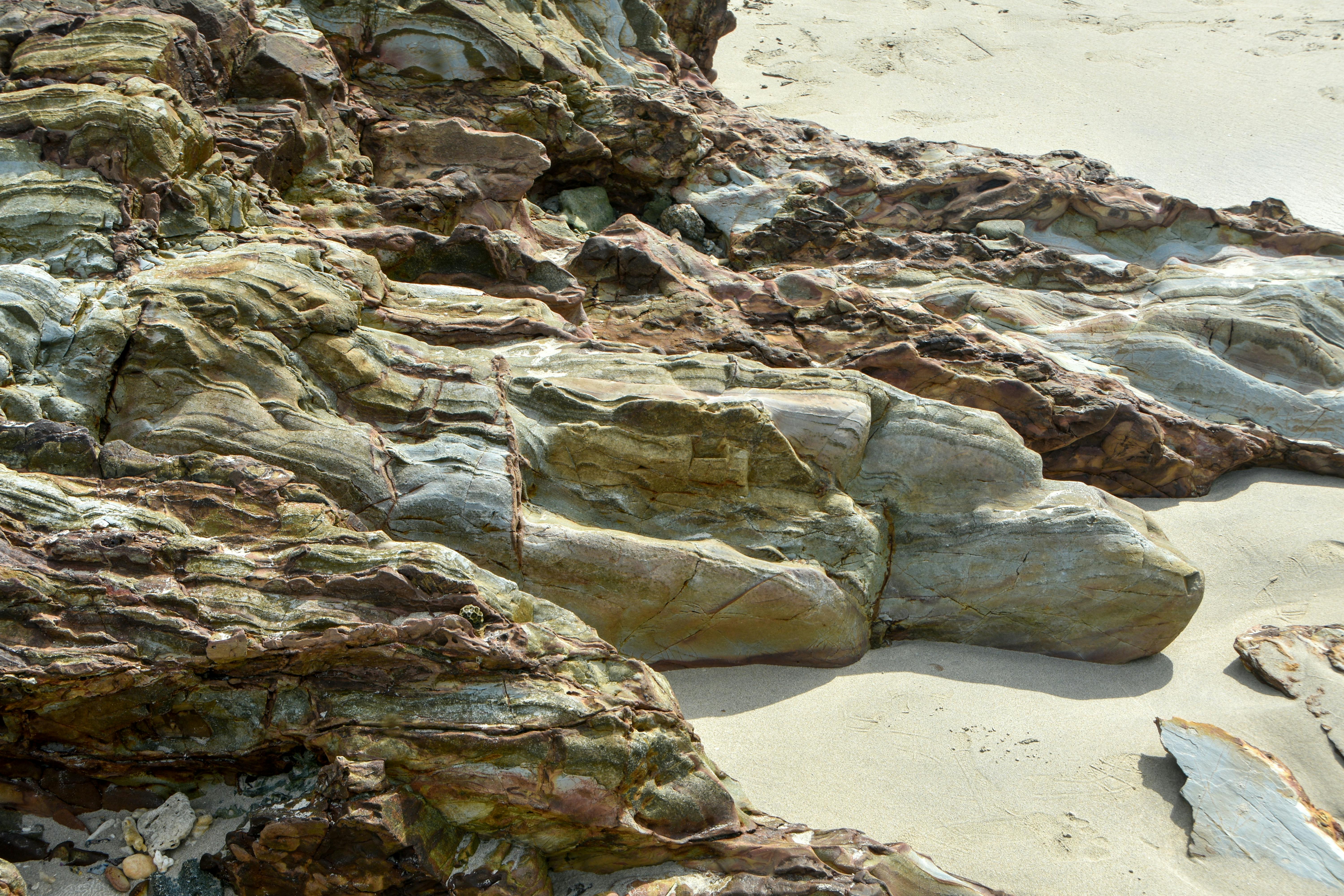 Close-up view of sunlit, eroded rock formations on a sandy beach, showcasing natural textures and colors.