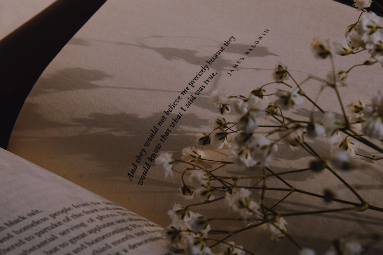 artistic close up of a book page with delicate flowers in soft focus