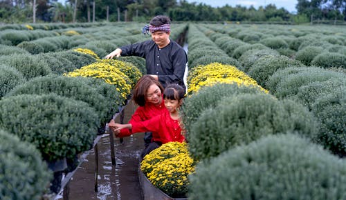 Family Among Flowers on Farm