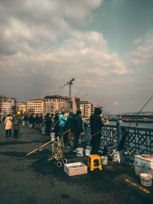 People Fishing on Bridge in Istanbul, Turkey