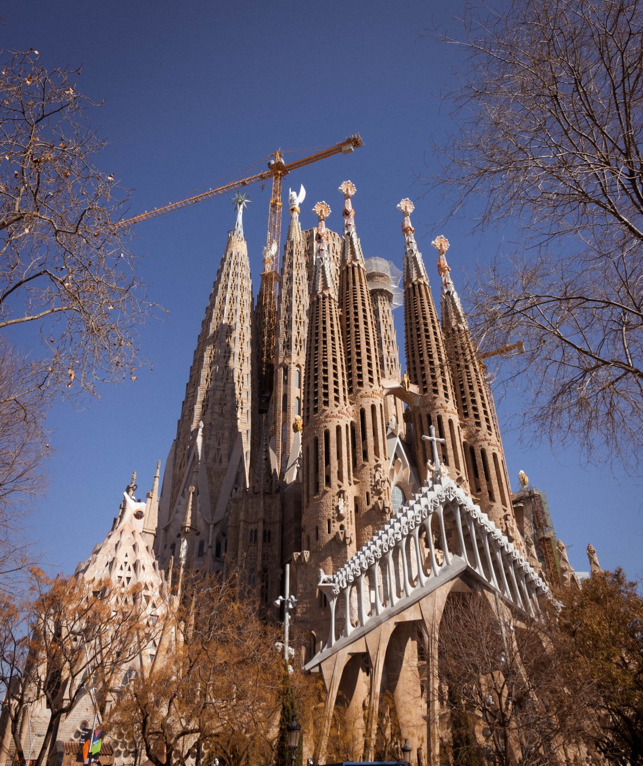 Low angle view of Sagrada Familia basilica against a blue sky in Barcelona