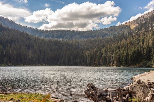 Looking across a mountain lake