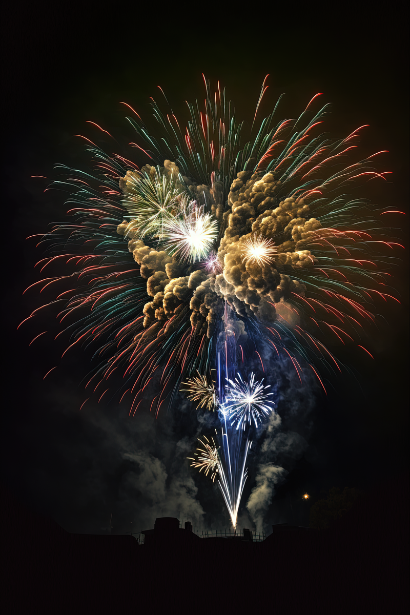Spectacular fireworks lighting up the night sky in colorful bursts, creating a festive atmosphere.