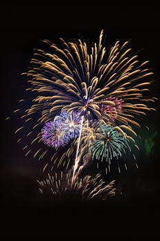 Vibrant fireworks lighting up the night sky with multicolored displays.