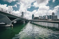 新加坡滨海湾和滨海大桥的天际线景观，融合了现代建筑与海滨风光