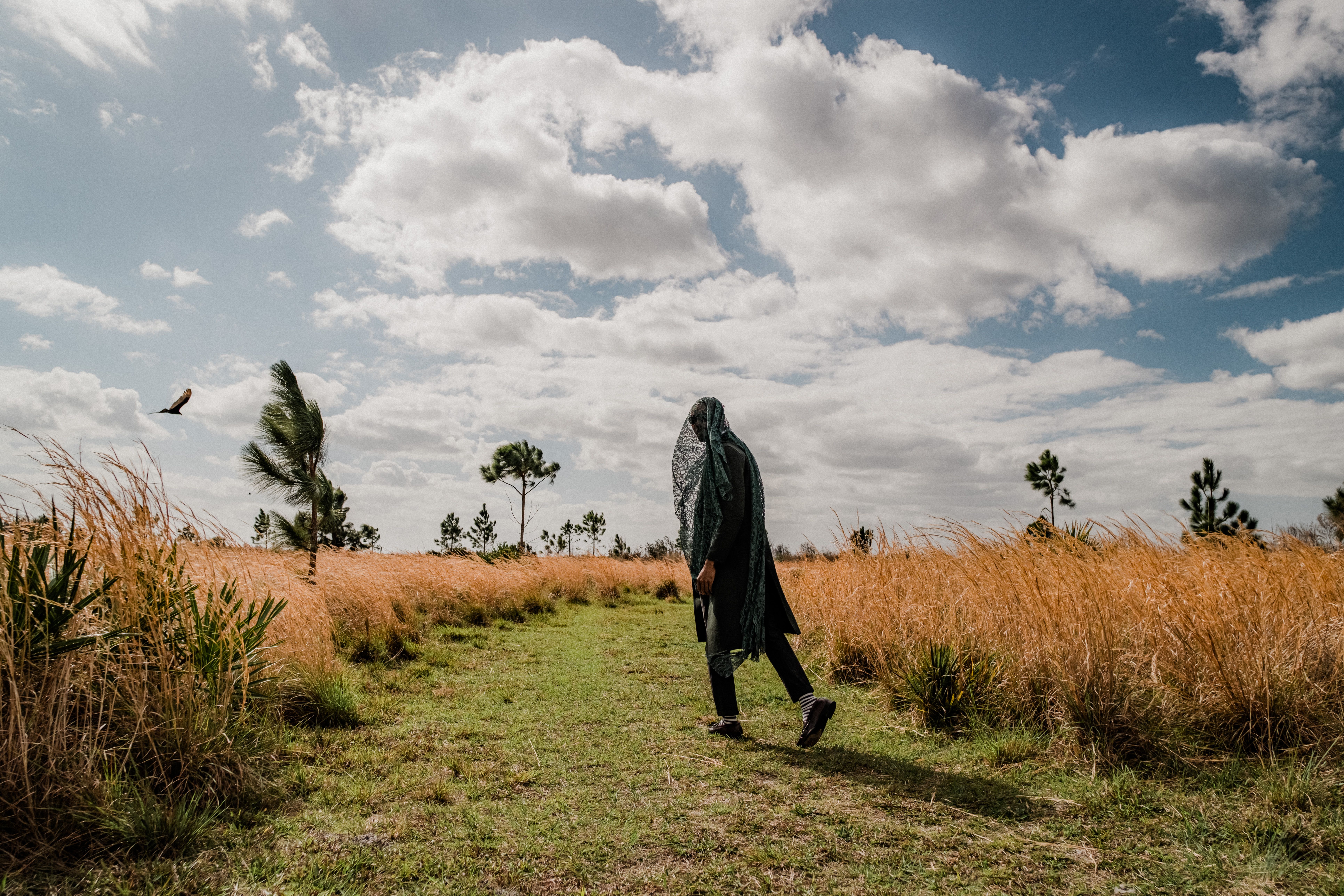 A person walks through a grassy meadow under a cloudy blue sky, evoking solitude.