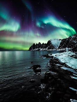 挪威特罗姆斯伦维克白雪皑皑的海岸被雄伟的北极光照亮了