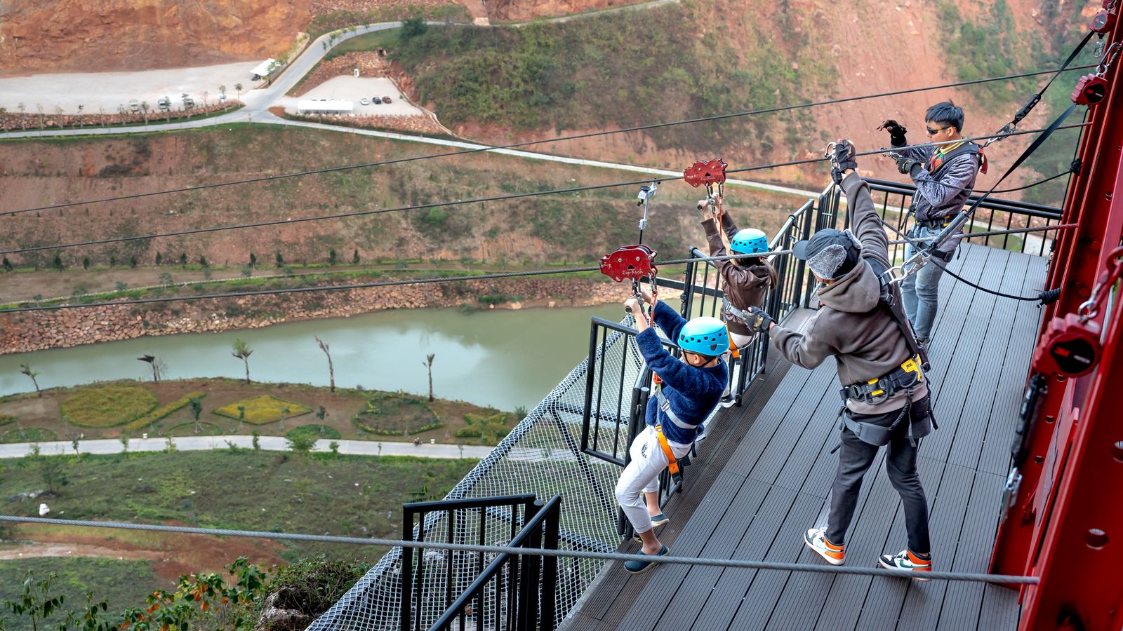 People on zipline platform, Eswatini