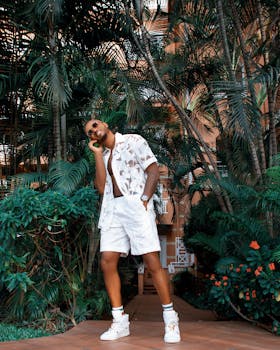 Man poses in trendy summer outfit amidst a lush tropical garden.