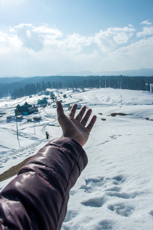 Persons Hand in Front of a Winter Landscape
