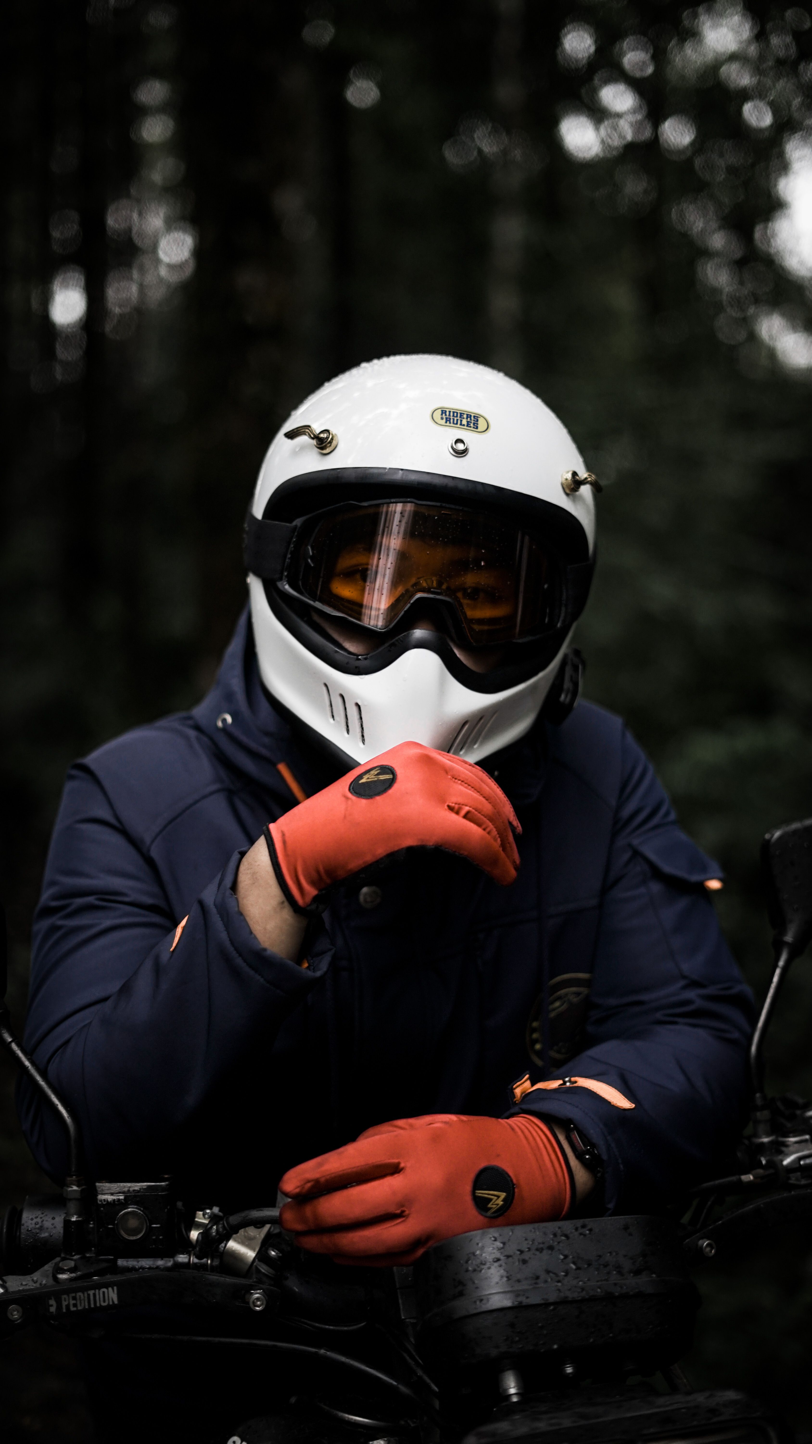 Biker wearing helmet and gloves posing with motorcycle in a forest setting.