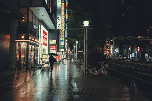 Person with Umbrella Walking Night Street