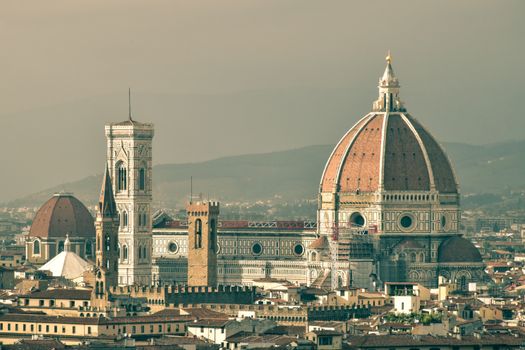 Aerial view of Florence Cathedral and surrounding cityscape in Tuscany, Italy.