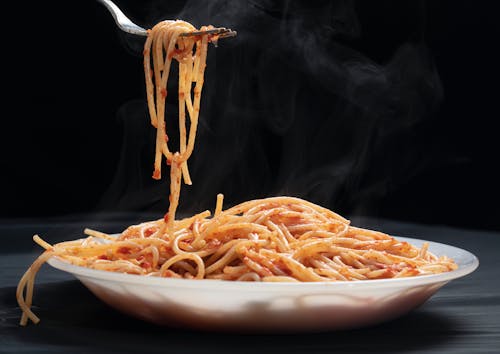 Close-up of Hot Spaghetti with Tomato Sauce 