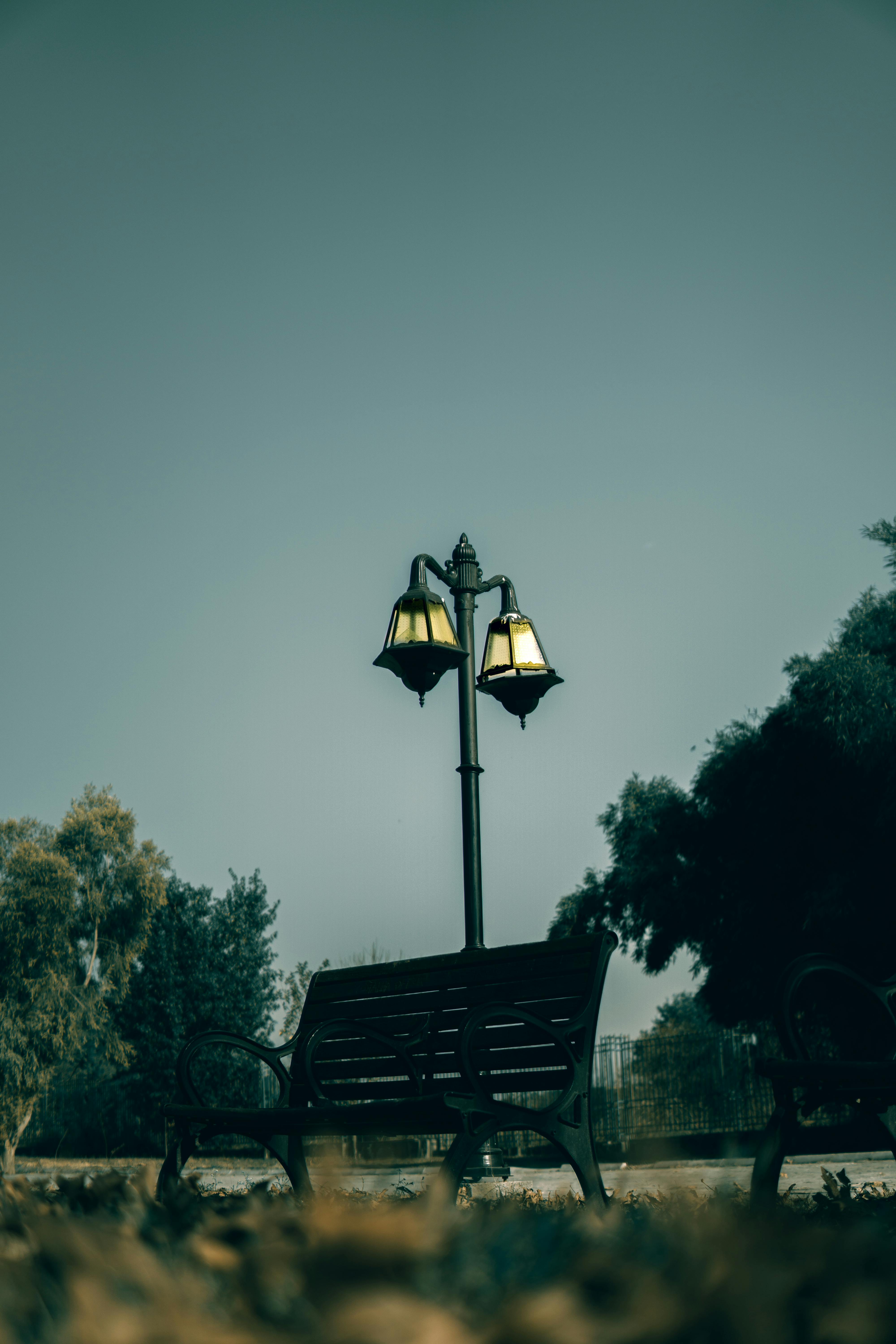 Street Lamp next to Bench in Park · Free Stock Photo