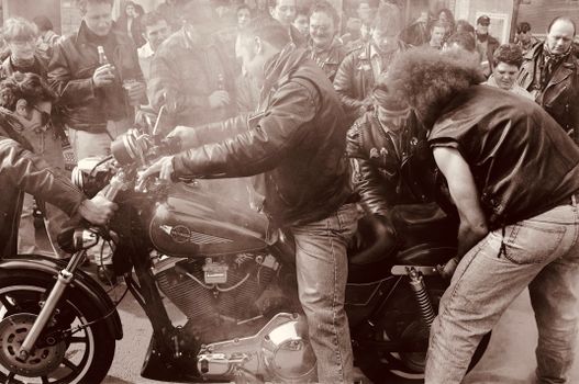 Motorcyclists Gathering in Sepia