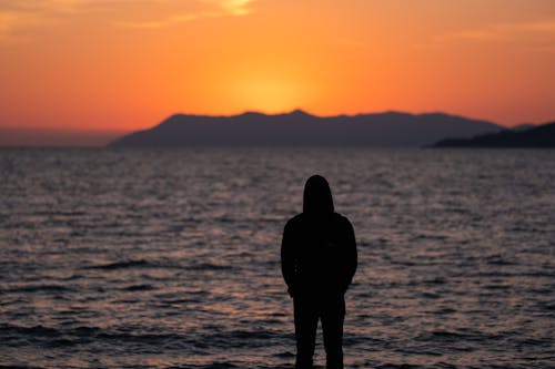 Silhouette of a Lone Person Admiring the Sea at Sunset