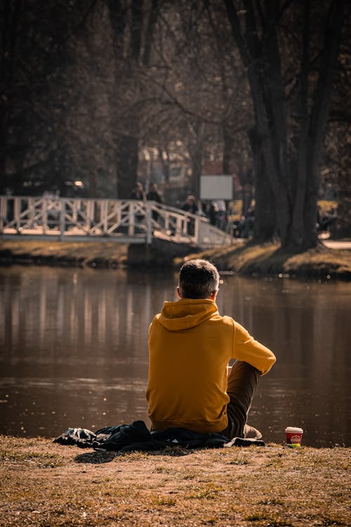 Back View of Man Sitting by a Body of Water in a Park 