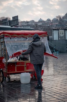 A person preparing a street food cart in an urban area during snowfall, capturing daily life.