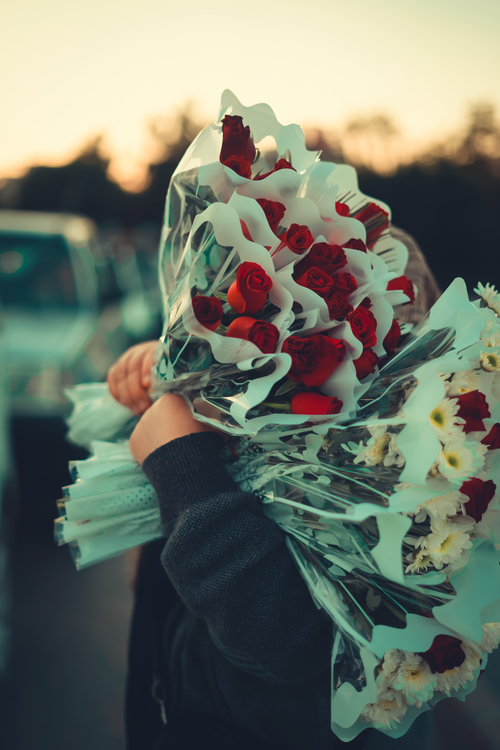 Free A person holds vibrant floral bouquets in Bursa, Turkey, during a serene sunset. Stock Photo