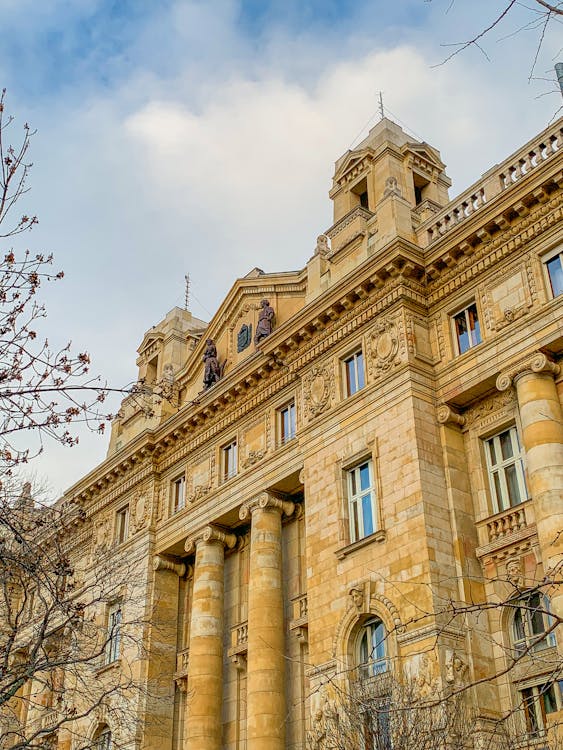 Low Angle Shot of the Hungarian National Bank Facade in Budapest, Hungary