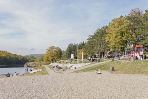 People Relaxing in a Riverside Park