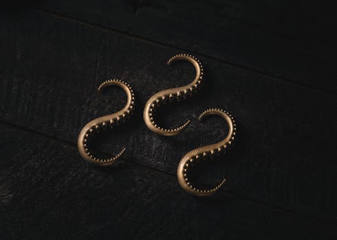 Artistic close-up of vintage brass octopus tentacle hooks on a black board background.