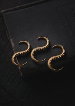 Gold hooks arranged on a vintage book cover, creating a classic and artistic composition.