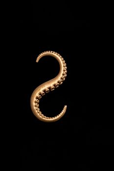 A striking vertical shot of a golden octopus tentacle hook set against a black background.