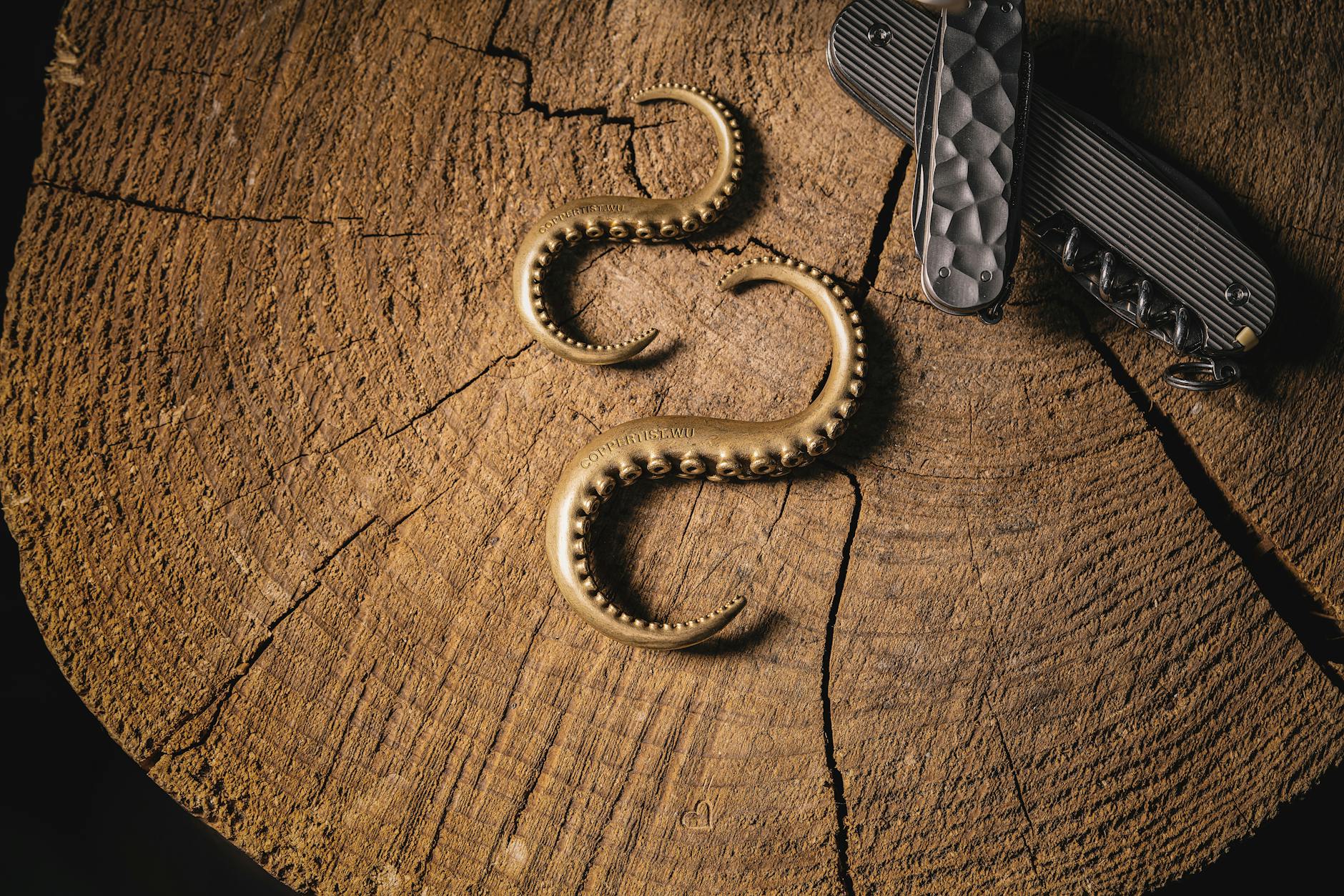 Top View of Octopus Tentacle Hooks and a Swiss Army Knife