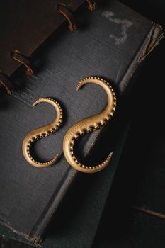 Artistic shot of octopus-shaped golden metal hooks elegantly placed on a vintage book.