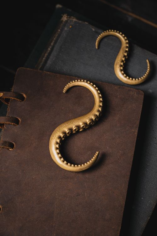 Free Artistic arrangement of brass octopus hooks on a vintage leather journal. Stock Photo