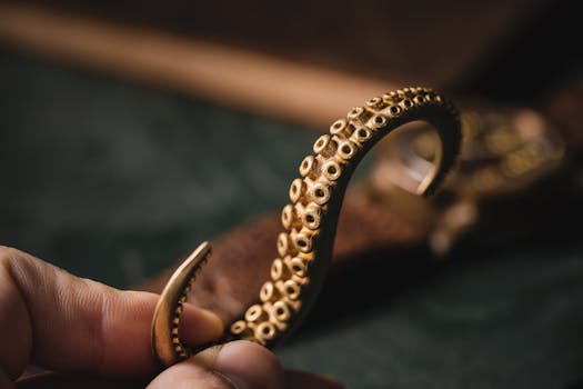 Intricate hand holding a vintage octopus tentacle hook in soft focus, showcasing craftsmanship.