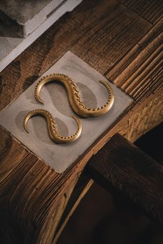 Close-up of brass octopus tentacle hooks on a vintage wooden background. Artistic and ornate decor.