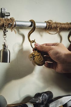 A hand holding an ornate octopus tentacle hook on a wall-mounted rod beside a small bell.