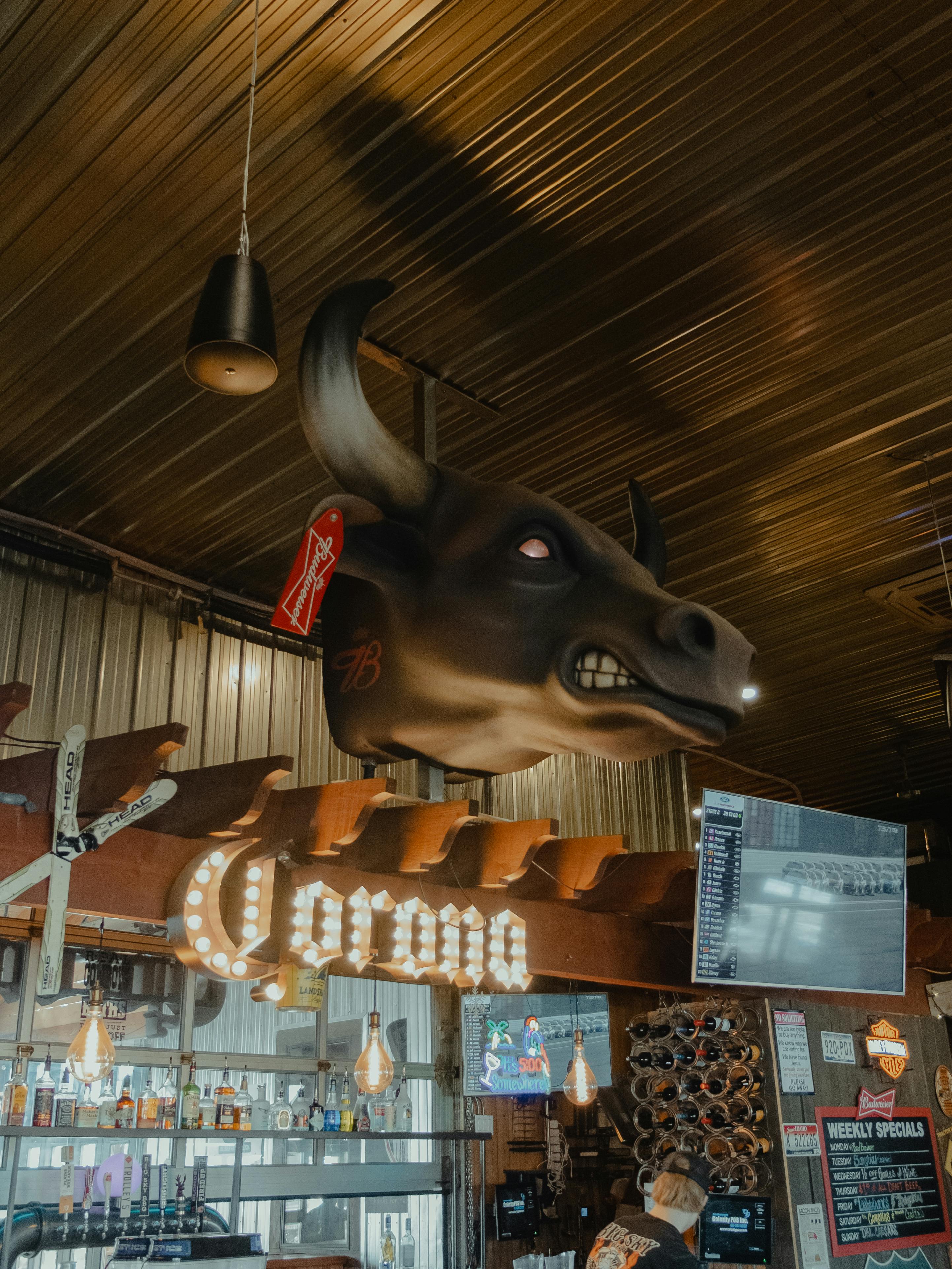 A giant bull head decorates a trendy bar interior with Corona signage and hanging lamps.