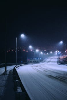 Serene snowy road illuminated by streetlights during a nighttime snowfall, capturing the quiet essence of winter.