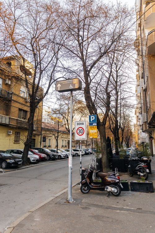 Free City street with parked cars and signs, framed by bare trees and urban buildings. Stock Photo
